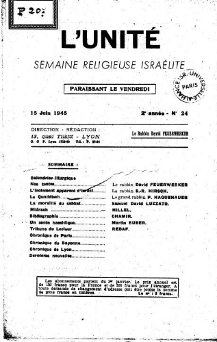 L'Unité : Semaine religieuse israélite. 2ème Année N° 24 (15 juin 1945)